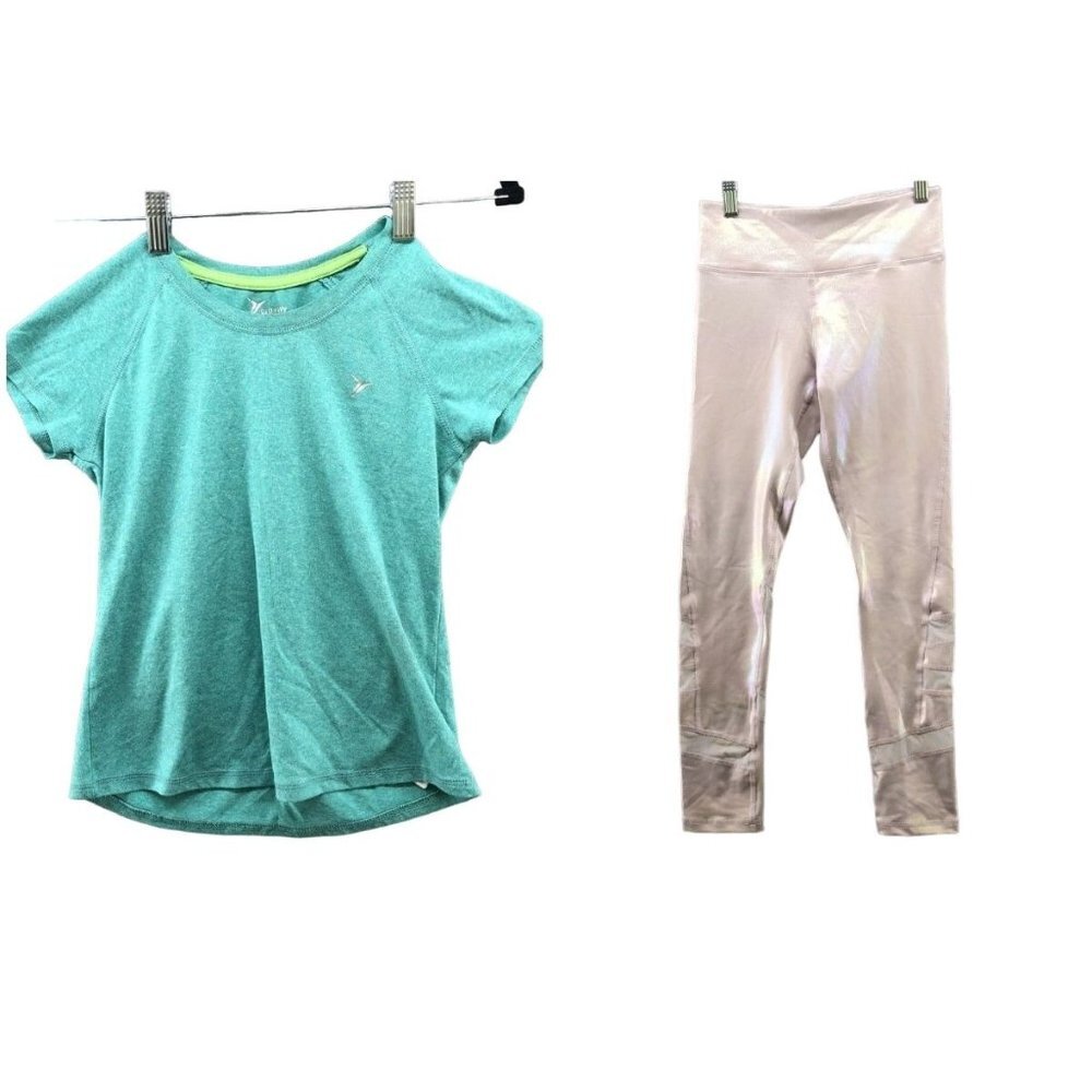Old Navy Active Girls Size L (10-12) BUNDLE Metallic Pink Leggings T Shirt 2 Pc